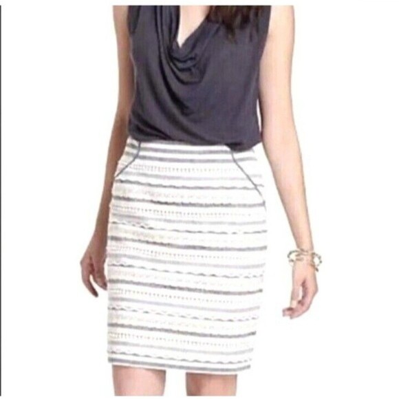 TABITHA Anthropologie Skirt Linen Pencil Ivory Blue Lace Stripe 2 - Picture 1 of 5